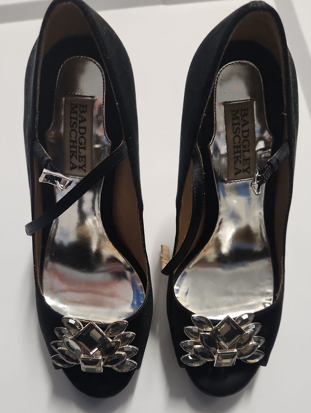 Badgley Mischka Black Jeweled Peep-Toe Pumps with Ankle Strap